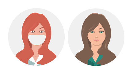 Two drawn girls. One in a protective mask. Another with a sweet smile. Vector isolated illustration.