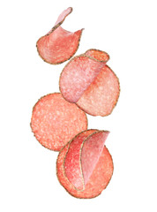 Set of flying cut fresh sausage on white background