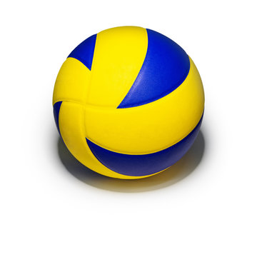 Closeup yellow blue volleyball sports equipment with light shining from above, with shadow below, isolated leather volley ball object on a square white background