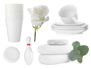 Collage of different objects on white background