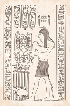 Ancient Egyptian drawing with hieroglyphs on papyrus. A man performs a rite.
