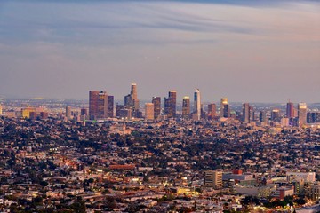 panoramic view of the city of Los Angeles illuminated at night in California