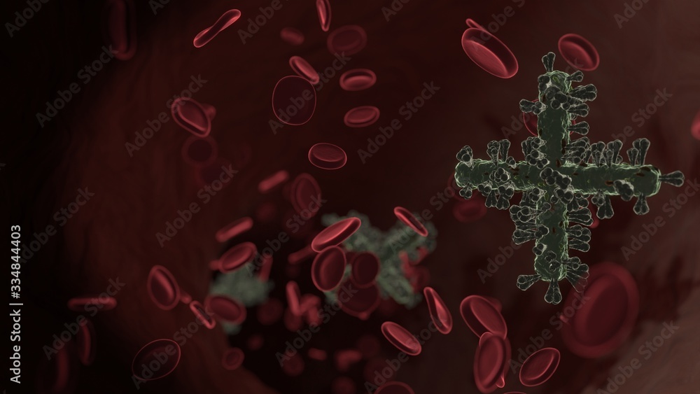 Poster microscopic 3d rendering view of virus shaped as plus symbol inside vein with red blood cells