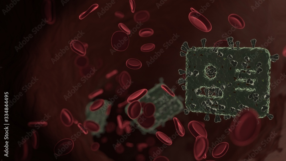 Poster microscopic 3d rendering view of virus shaped as symbol of address card inside vein with red blood c