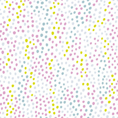 Memphis Polka dot seamless pattern. Vector hand-drawn abstract colorful pink light green and blue on a white background. Fashion 80-90s. Vector ideal for textiles, fabrics, digital paper.
