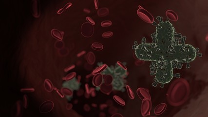 microscopic 3D rendering view of virus shaped as plus symbol inside vein with red blood cells