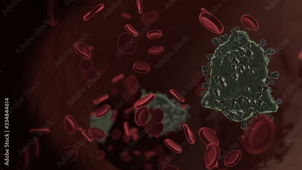 Poster microscopic 3d rendering view of virus shaped as symbol of alarm inside vein with red blood cells