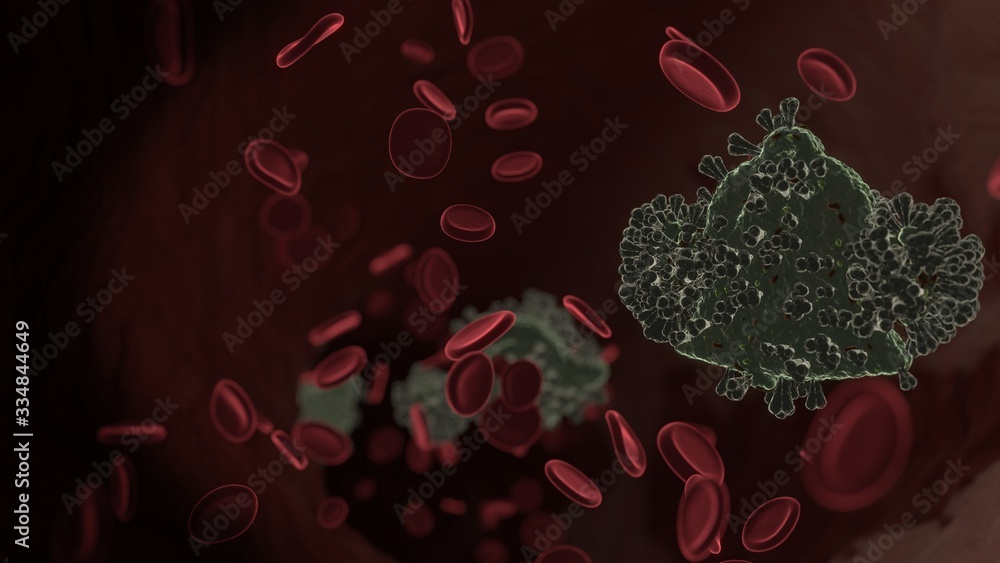 Poster microscopic 3d rendering view of virus shaped as symbol of alarm inside vein with red blood cells