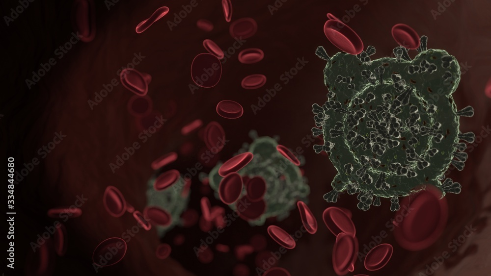Poster microscopic 3d rendering view of virus shaped as symbol of alarm clock inside vein with red blood ce