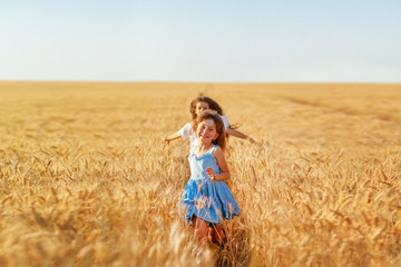 Naklejka na ściany i meble two girls in blue and white dresses run happily through yellow wheat field against blue sky. Summer concept