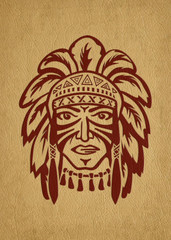 Native American Indian man in traditional warrior headdress and war paint. Imitation of leather and paint.