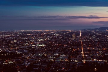panoramic view of the city of Los Angeles illuminated at night in California