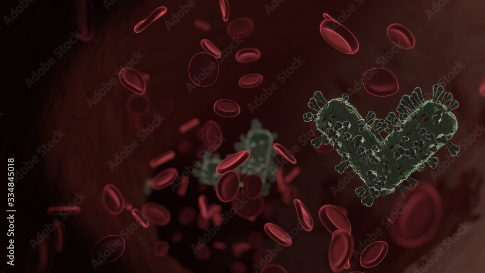 Aufkleber microscopic 3d rendering view of virus shaped as symbol of angle down inside vein with red blood cel