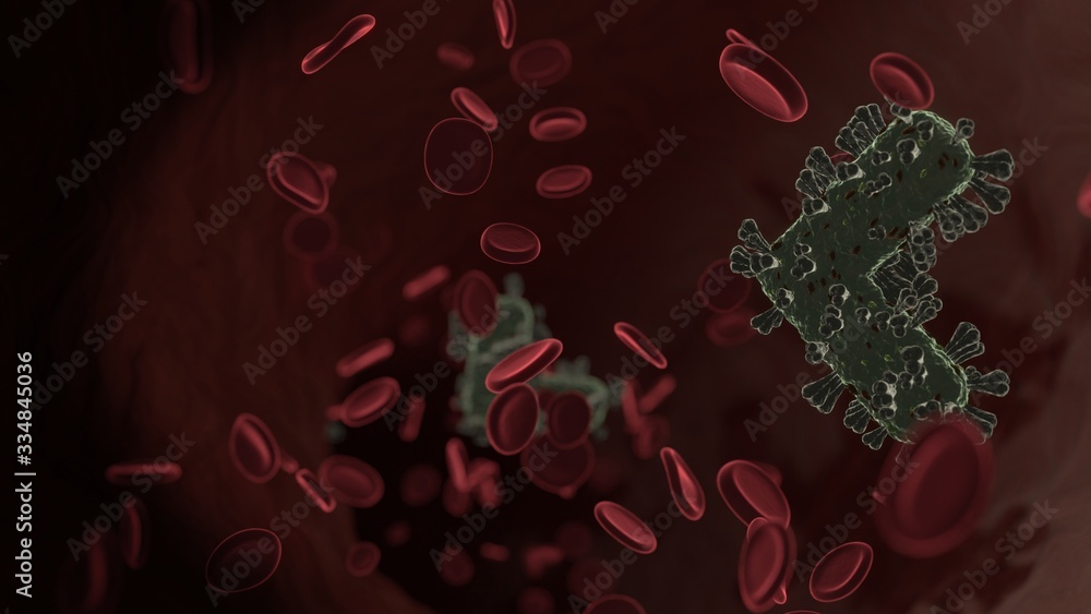 Aufkleber microscopic 3d rendering view of virus shaped as symbol of angle left inside vein with red blood cel