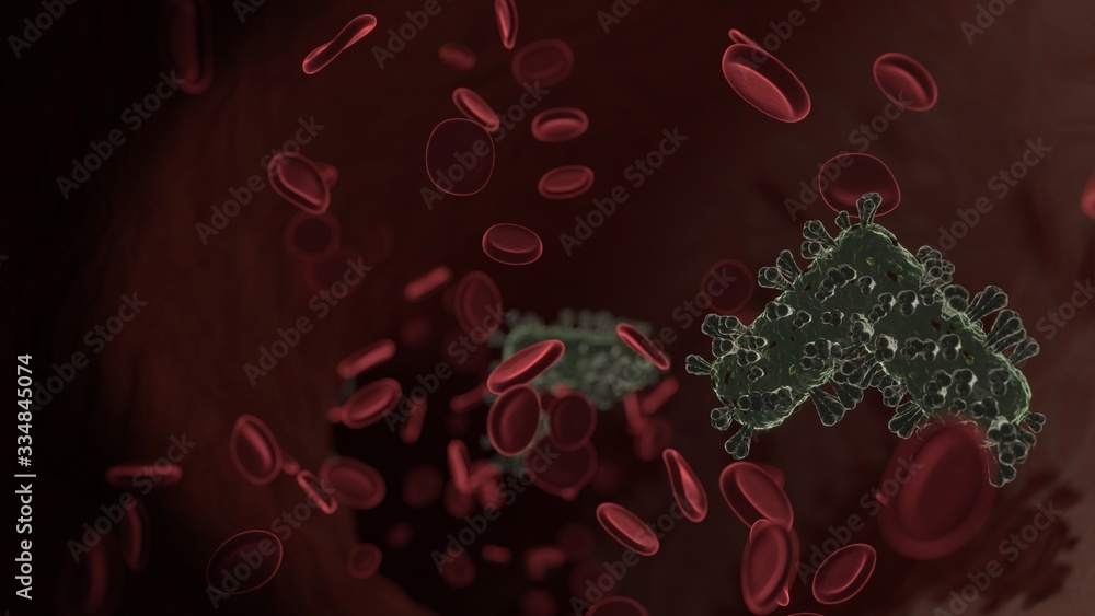 Poster microscopic 3d rendering view of virus shaped as symbol of angle up inside vein with red blood cells