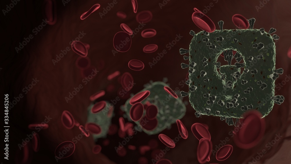 Poster microscopic 3d rendering view of virus shaped as icon of tips app inside vein with red blood cells