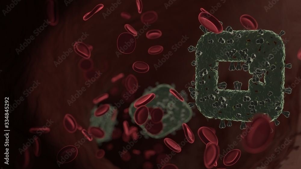Poster microscopic 3d rendering view of virus shaped as icon of camera app inside vein with red blood cells