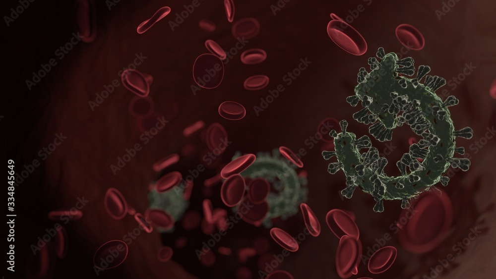 Aufkleber microscopic 3d rendering view of virus shaped as symbol of refresh arrow inside vein with red blood 