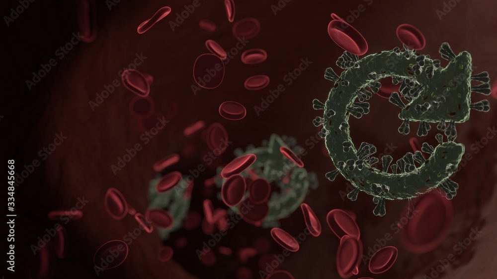 Aufkleber microscopic 3d rendering view of virus shaped as symbol of refresh arrow inside vein with red blood 