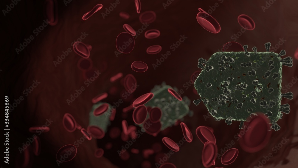 Poster microscopic 3d rendering view of virus shaped as symbol of left arrow inside vein with red blood cel