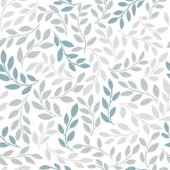 Silhouetten von identischen Blättern nahtlose Muster. Handgezeichnete Vektorgrafik im einfachen skandinavischen Doodle-Cartoon-Stil. Isolierte grau-blaue Zweige auf weißem Hintergrund