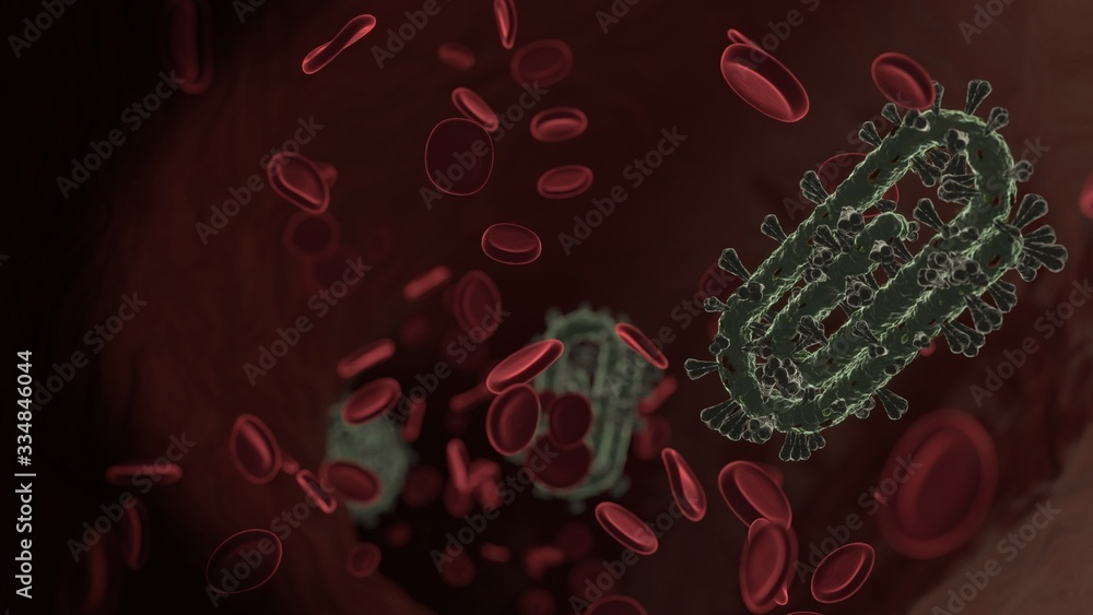 Poster microscopic 3d rendering view of virus shaped as symbol of attachment inside vein with red blood cel