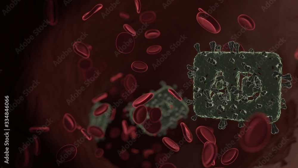 Poster microscopic 3d rendering view of virus shaped as symbol of audio description inside vein with red bl