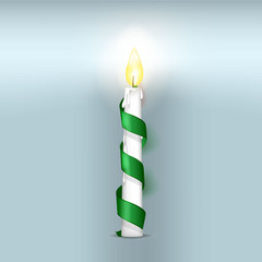 white burning candle with green ribbon, christmas or birthday candles with flames. Vector illustration.
