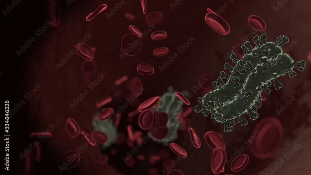 Poster microscopic 3d rendering view of virus shaped as symbol of bacon inside vein with red blood cells