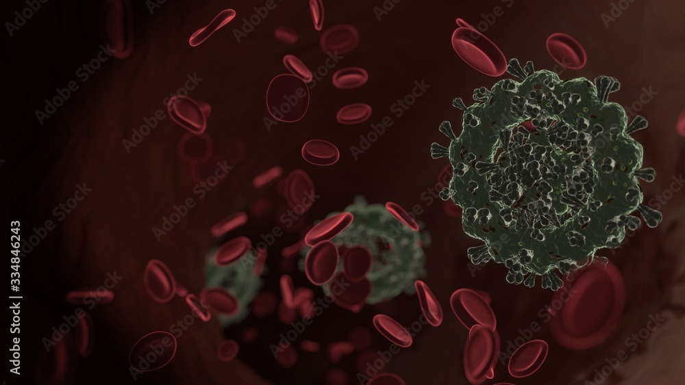 Poster microscopic 3d rendering view of virus shaped as symbol of badge inside vein with red blood cells
