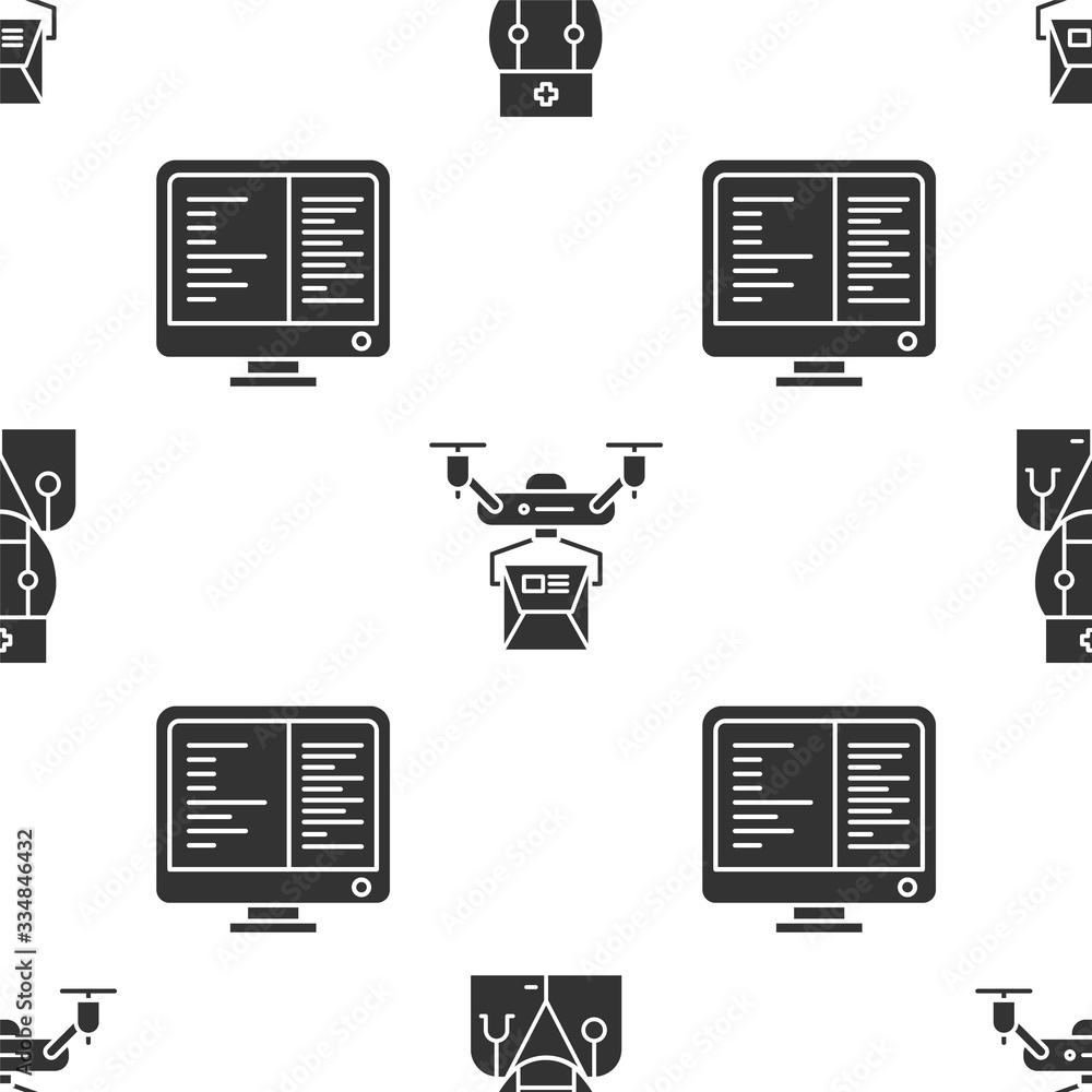 Poster set robot doctor, drone delivery concept and computer monitor screen on seamless pattern. vector