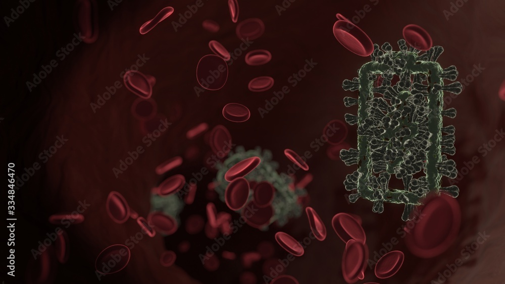 Poster microscopic 3d rendering view of virus shaped as vertical symbol of charging empty battery inside ve