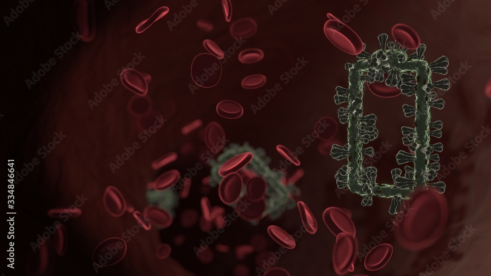 Poster microscopic 3d rendering view of virus shaped as vertical symbol of empty battery inside vein with r