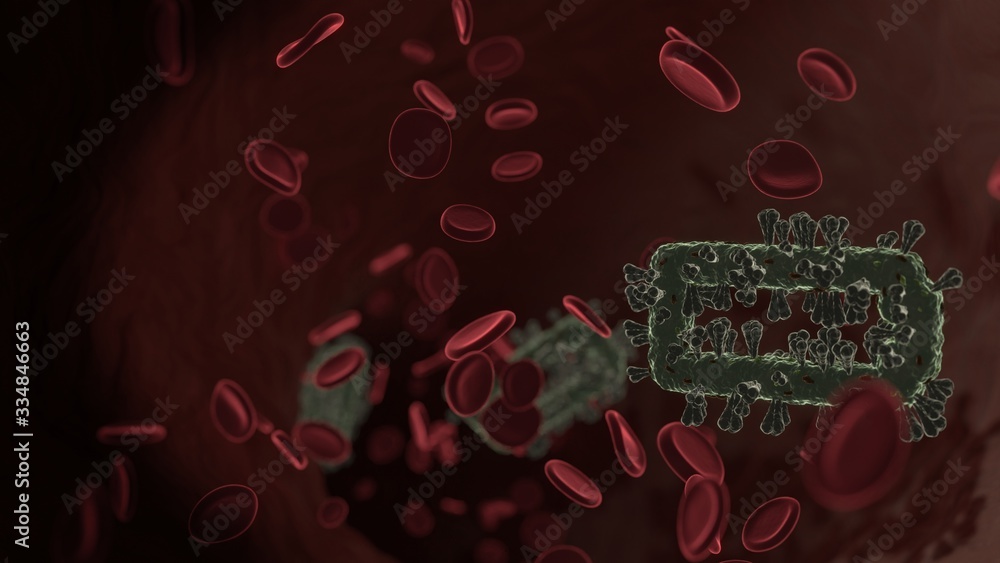 Poster microscopic 3d rendering view of virus shaped as horizontal symbol of battery empty inside vein with