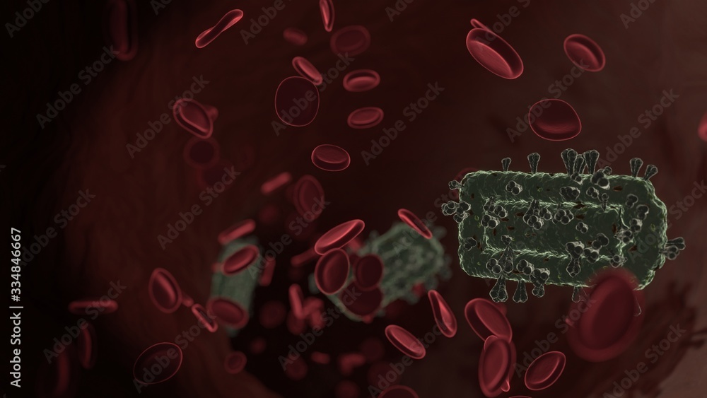 Poster microscopic 3d rendering view of virus shaped as horizontal symbol of battery full inside vein with 