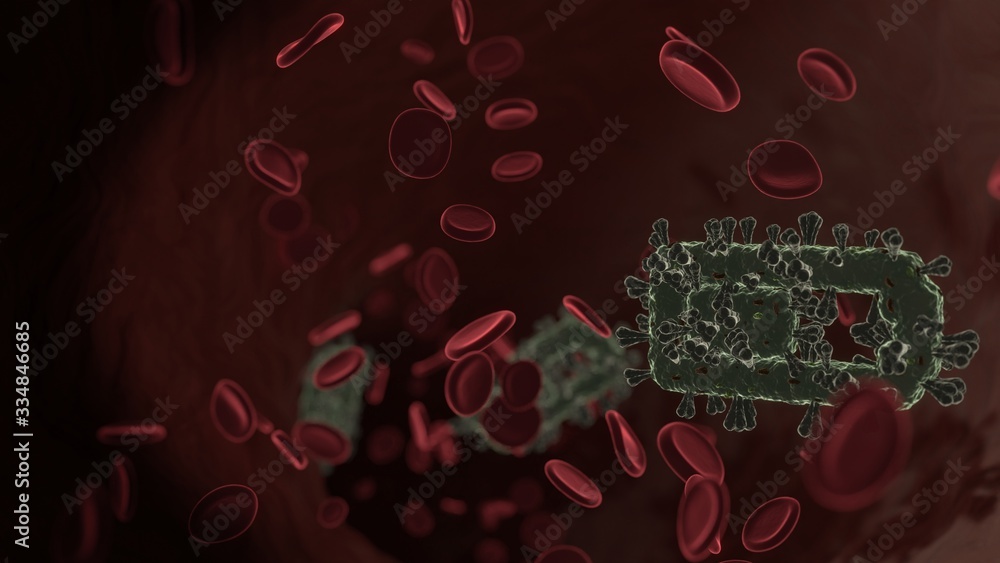 Poster microscopic 3d rendering view of virus shaped as horizontal symbol of battery half inside vein with 
