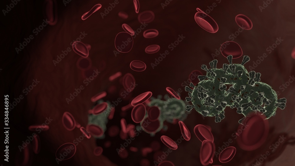 Poster microscopic 3d rendering view of virus shaped as symbol of bicycle without rider inside vein with re