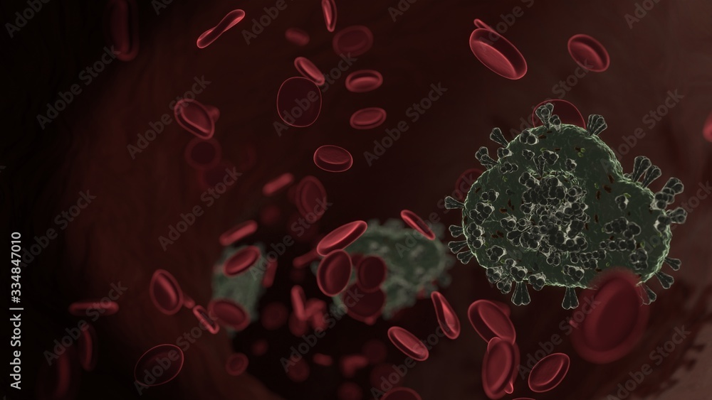 Poster microscopic 3d rendering view of virus shaped as symbol of bitcoin inside vein with red blood cells