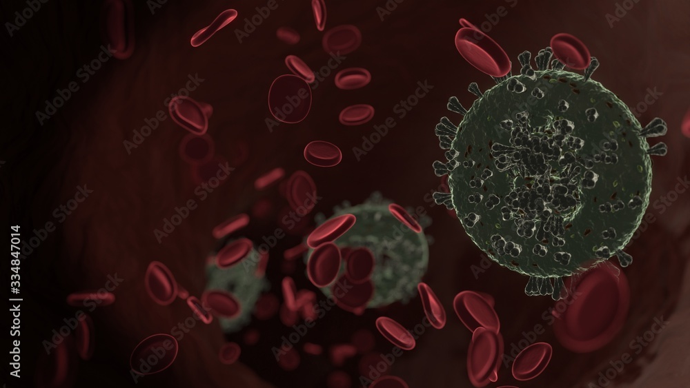 Poster microscopic 3d rendering view of virus shaped as symbol of bitcoin coin inside vein with red blood c