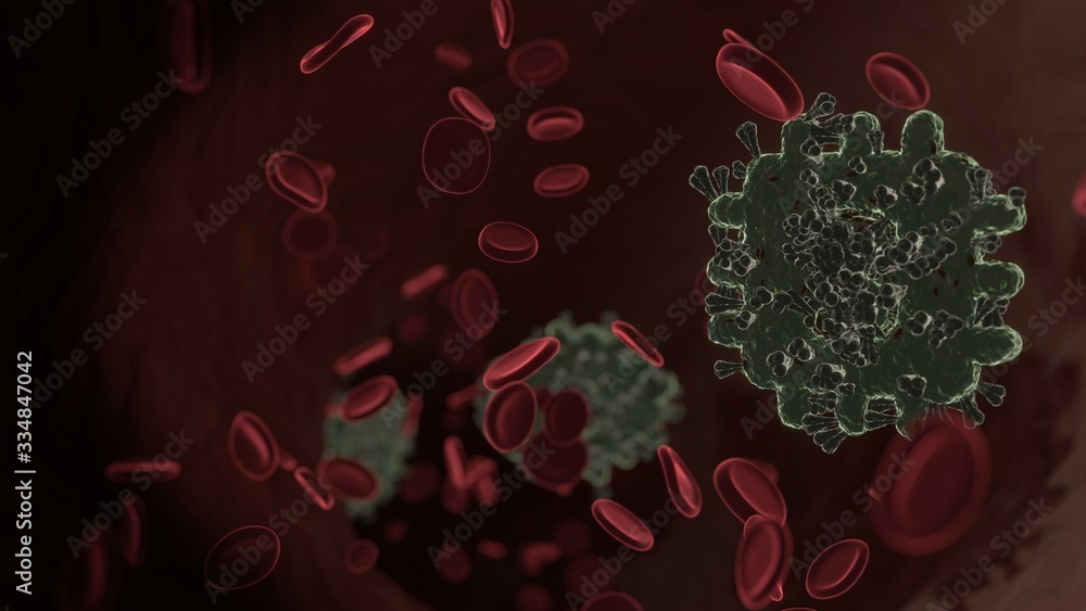 Poster microscopic 3d rendering view of virus shaped as symbol of bitcoin chip inside vein with red blood c