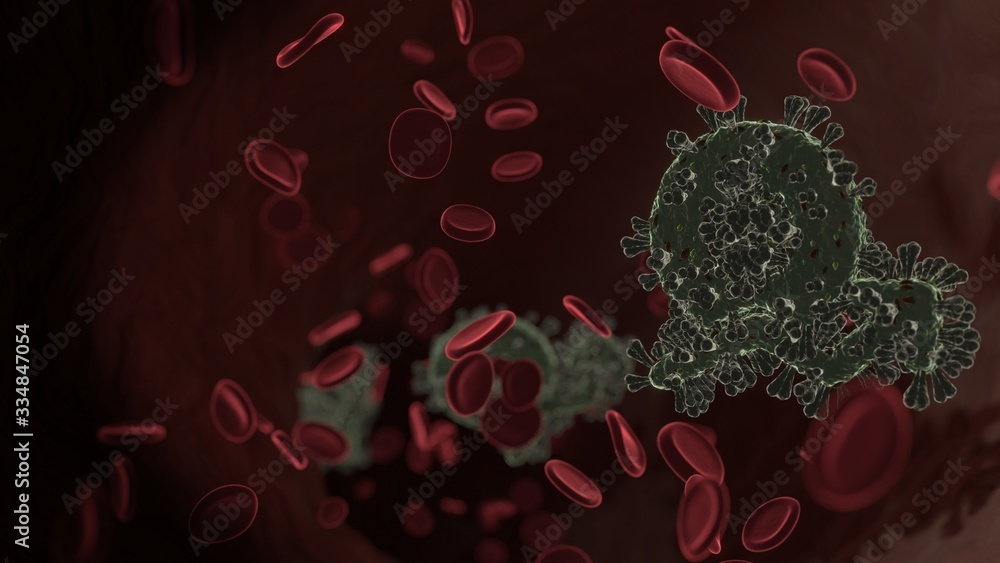 Poster microscopic 3d rendering view of virus shaped as symbol of bitcoin trend inside vein with red blood 