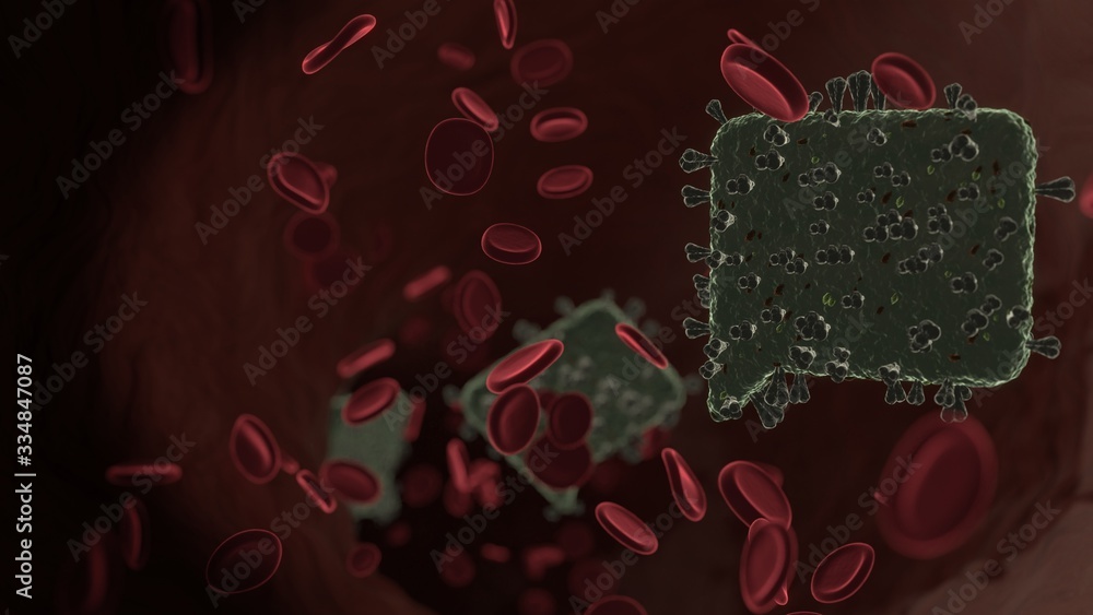 Aufkleber microscopic 3d rendering view of virus shaped as symbol of black bubble speech inside vein with red 