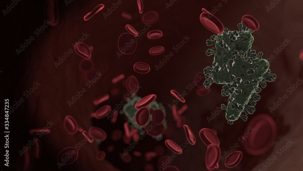 Poster microscopic 3d rendering view of virus shaped as symbol of bolt of lightning inside vein with red bl