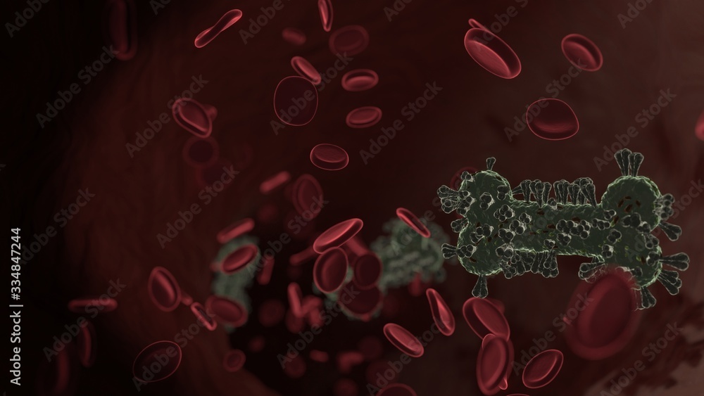 Poster microscopic 3d rendering view of virus shaped as symbol of bone inside vein with red blood cells