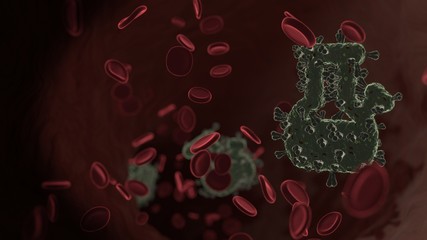 microscopic 3D rendering view of virus shaped as symbol of bong inside vein with red blood cells