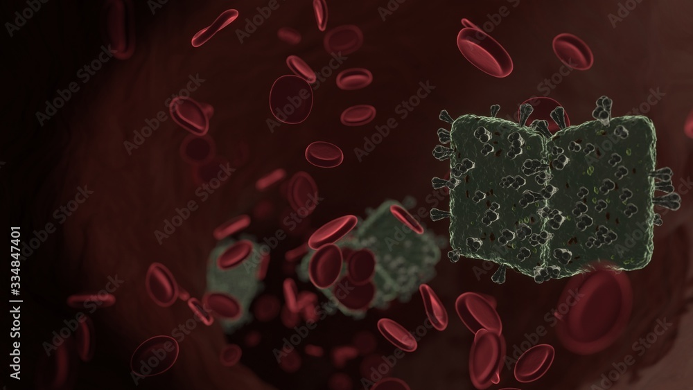 Poster microscopic 3d rendering view of virus shaped as symbol of book open inside vein with red blood cell