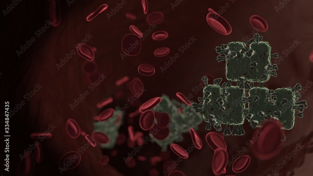 Poster microscopic 3d rendering view of virus shaped as symbol of boxes inside vein with red blood cells