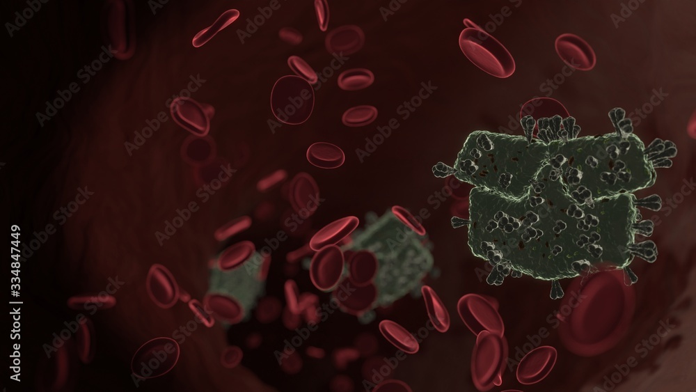 Poster microscopic 3d rendering view of virus shaped as symbol of box open inside vein with red blood cells