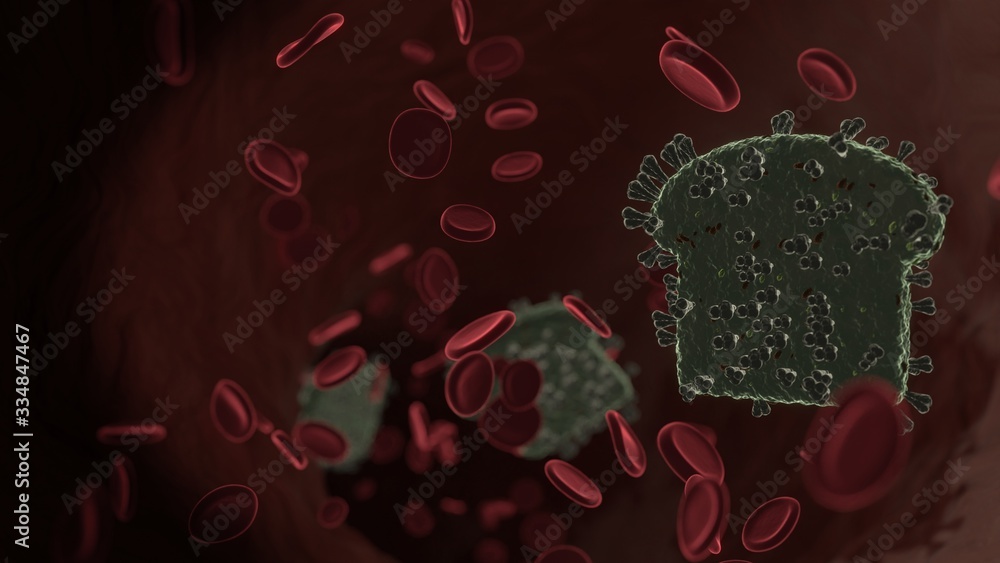 Poster microscopic 3d rendering view of virus shaped as symbol of bread slice inside vein with red blood ce