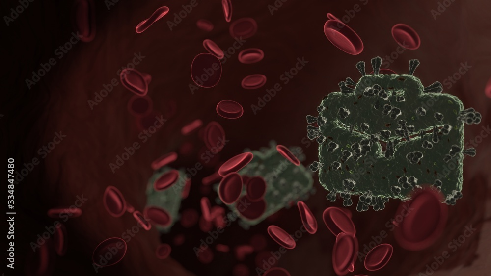 Poster microscopic 3d rendering view of virus shaped as symbol of briefcase inside vein with red blood cell